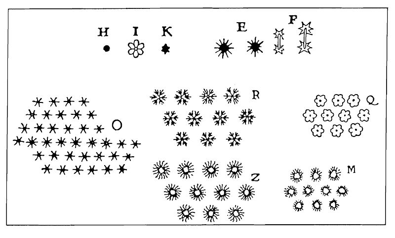 Un disegno delle diverse tipologie di fiocchi di neve fatta da Cartesio